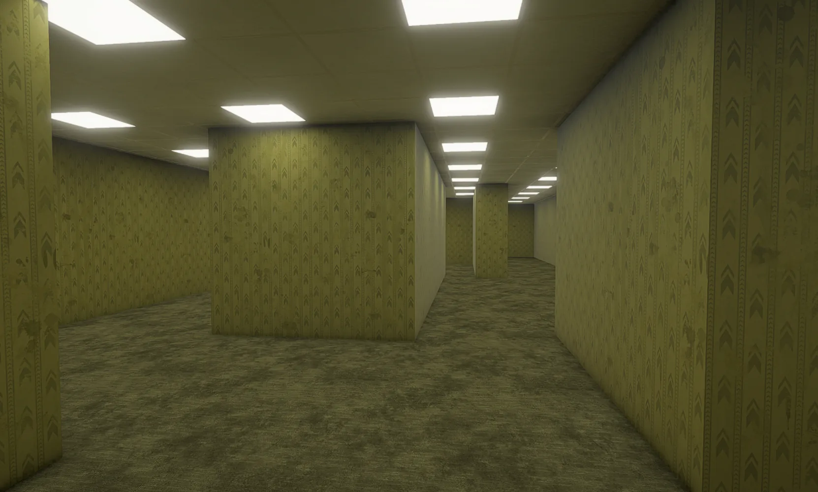 Backrooms VR: yellow wallpapered pillars and open rooms under a lit drop ceiling
