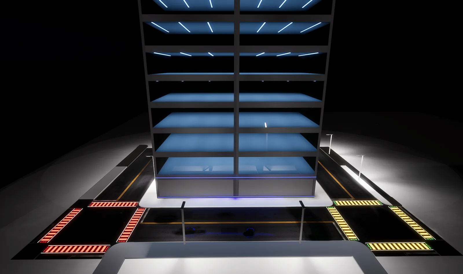 Latest build: the tower with ceiling light strips on every floor above the lit crosswalks