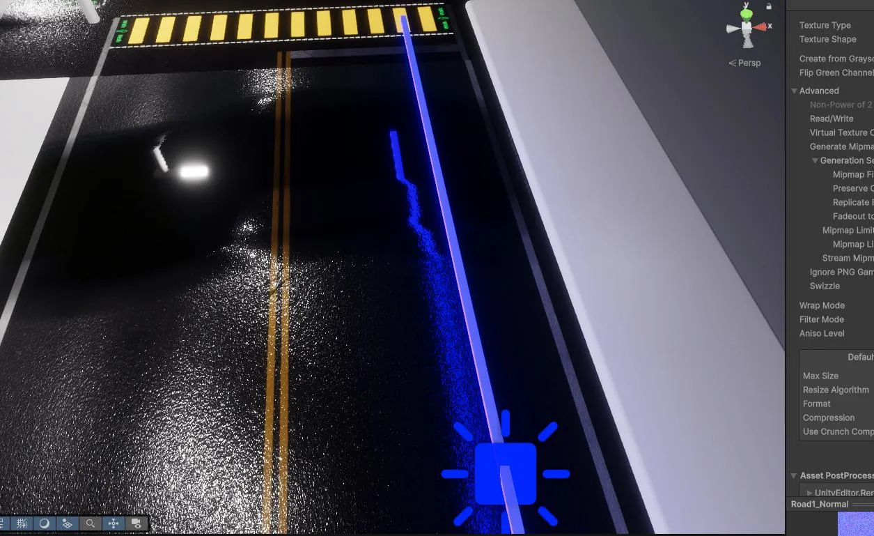 Unity scene view of the road with the normal map texture import settings open
