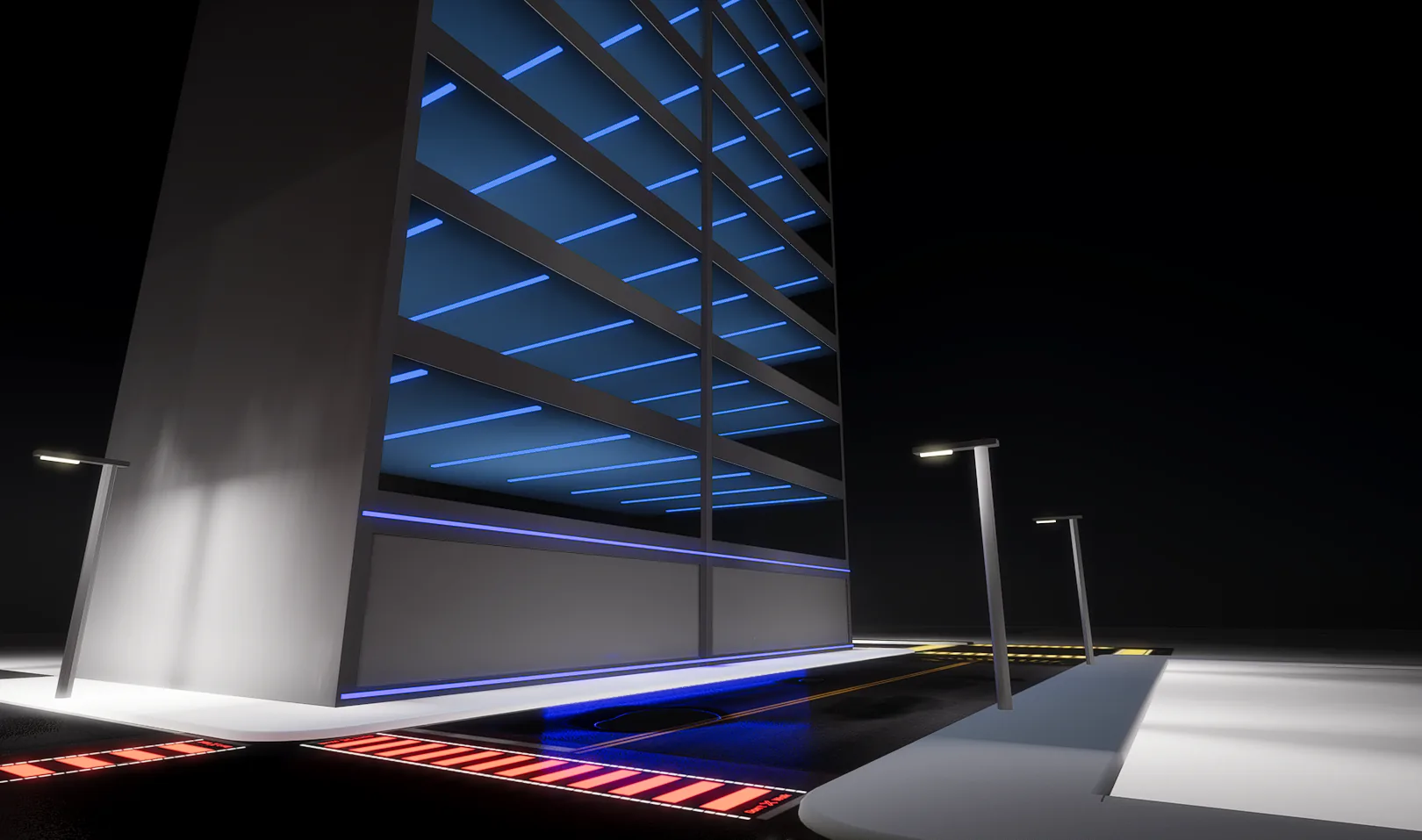 Night City: an office tower with blue-lit floors above a street with streetlamps and a red LED crosswalk
