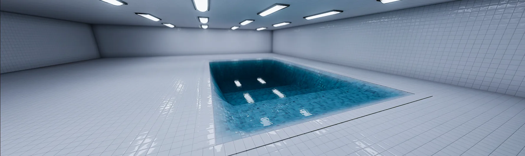 Wide view of the tiled pool room with rows of ceiling lights reflected in the water and on the wet floor