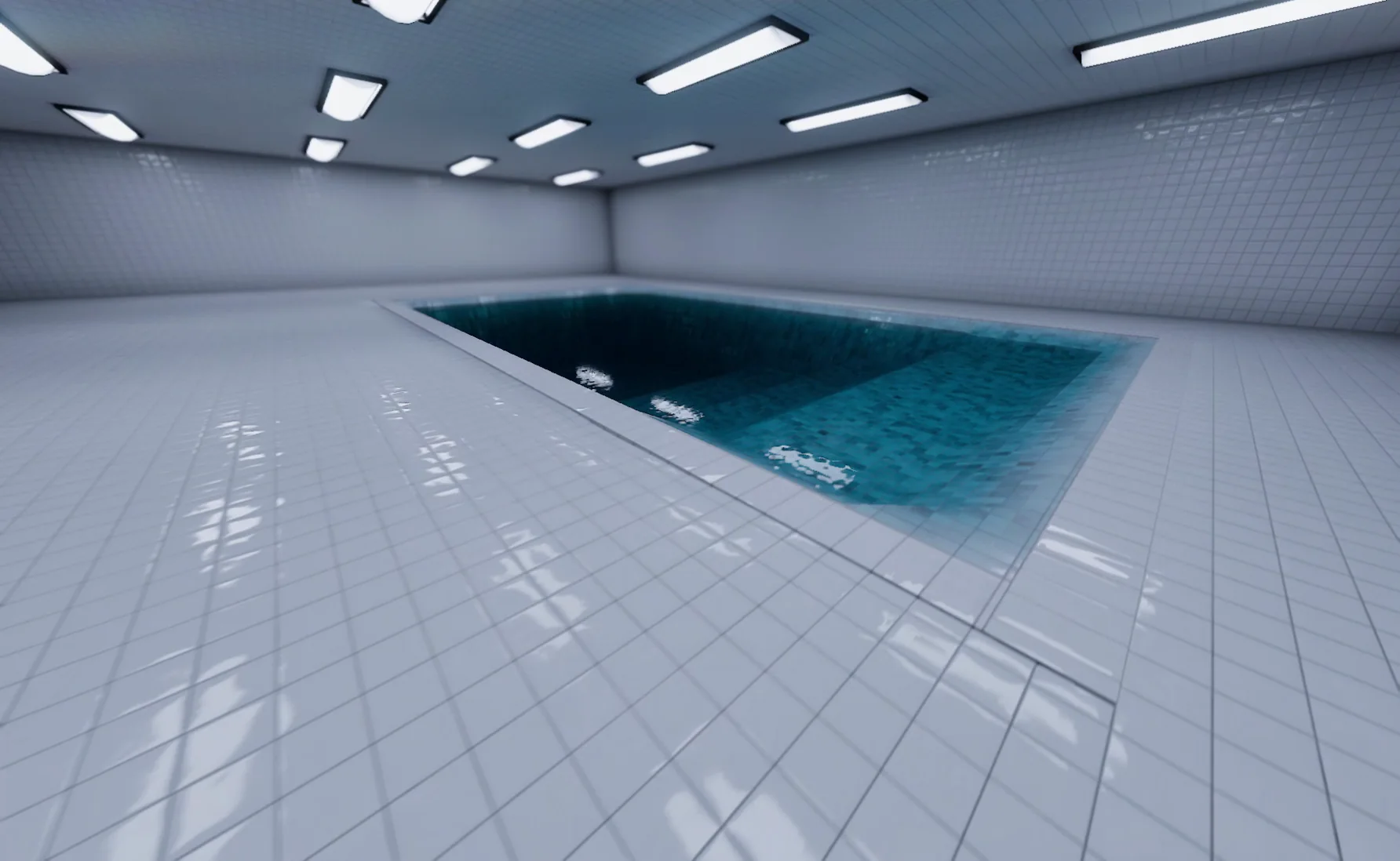 Pool corner and wet deck under the panel lights